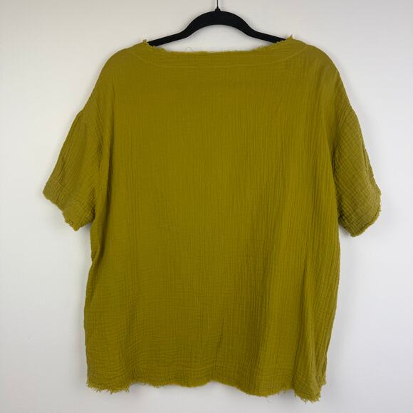 Easel Womens Scoop Neck Frayed Cotton Short Sleeve Mustard Yellow Blouse Small - Picture 2 of 10